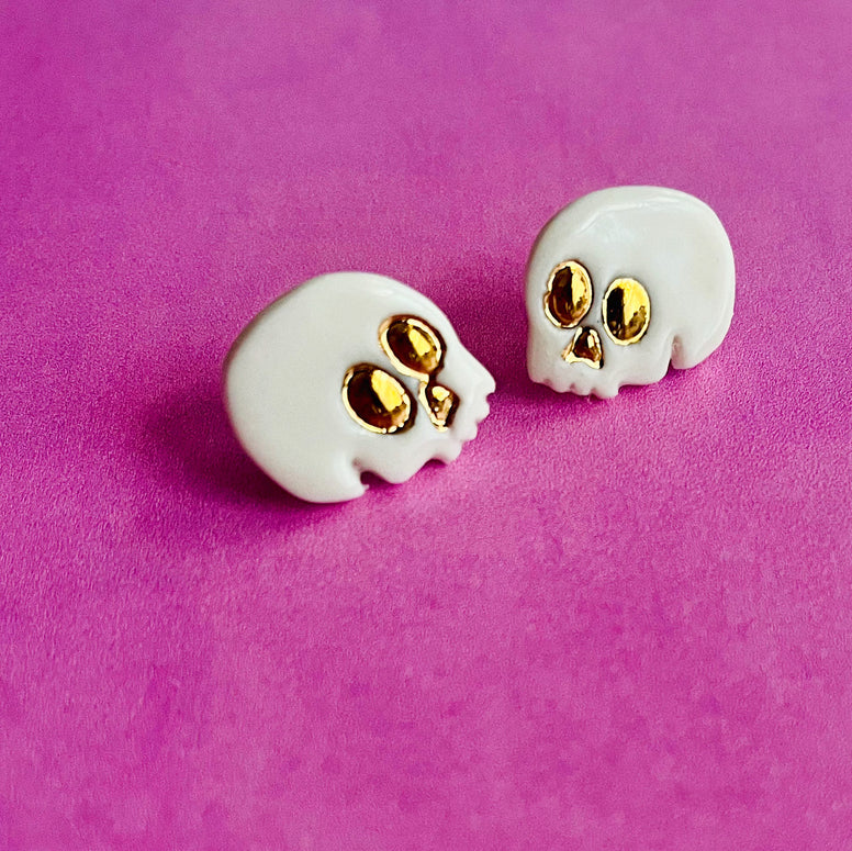 Skull Stud Earrings White and Gold