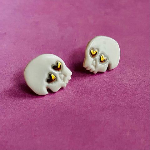Lover Skullies Stud Earrings White and Gold