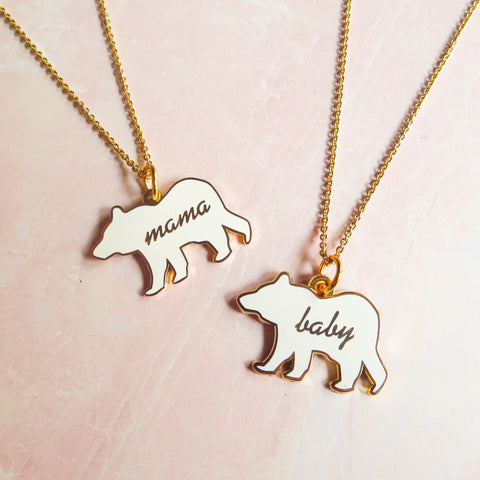 Enamel Mommy and Me Bear Necklace Set