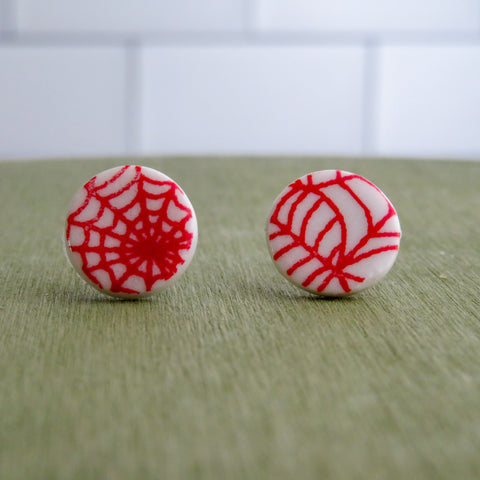 Spider Web Stud Earrings in Red and White