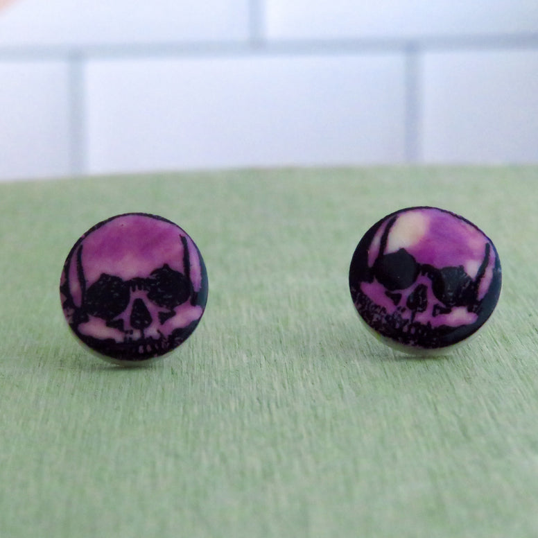 Skull Stud Earrings in Smokey Purple and Black
