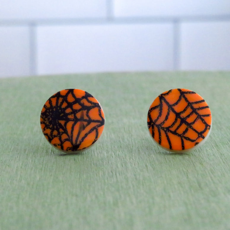 Spider Web Stud Earrings in Orange and Black