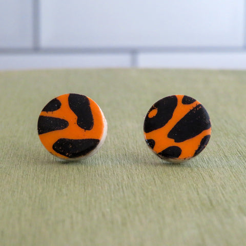 Leopard Print Stud Earrings in Black and Orange