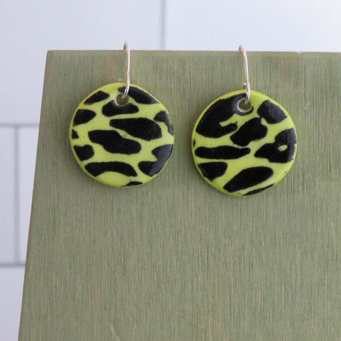 Black Leopard Print Earrings in Neon Green